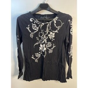 Calvin Klein Jeans Womens 1X Black Silver Metallic Floral Filigree Graphic Top
